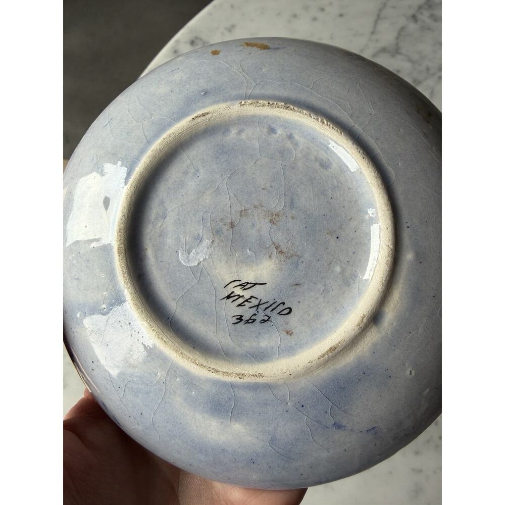 Handmade Ceramic Tonala Blue Brown White Glossy Floral Candle Holder Mexico 362 - Picture 6 of 6